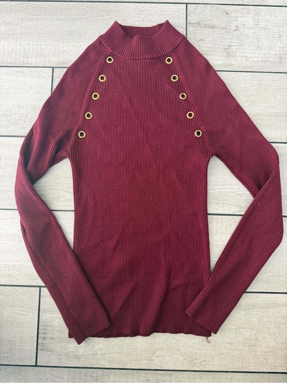 Derek Heart Ribbed Wine Red Sweater with Studded Logo